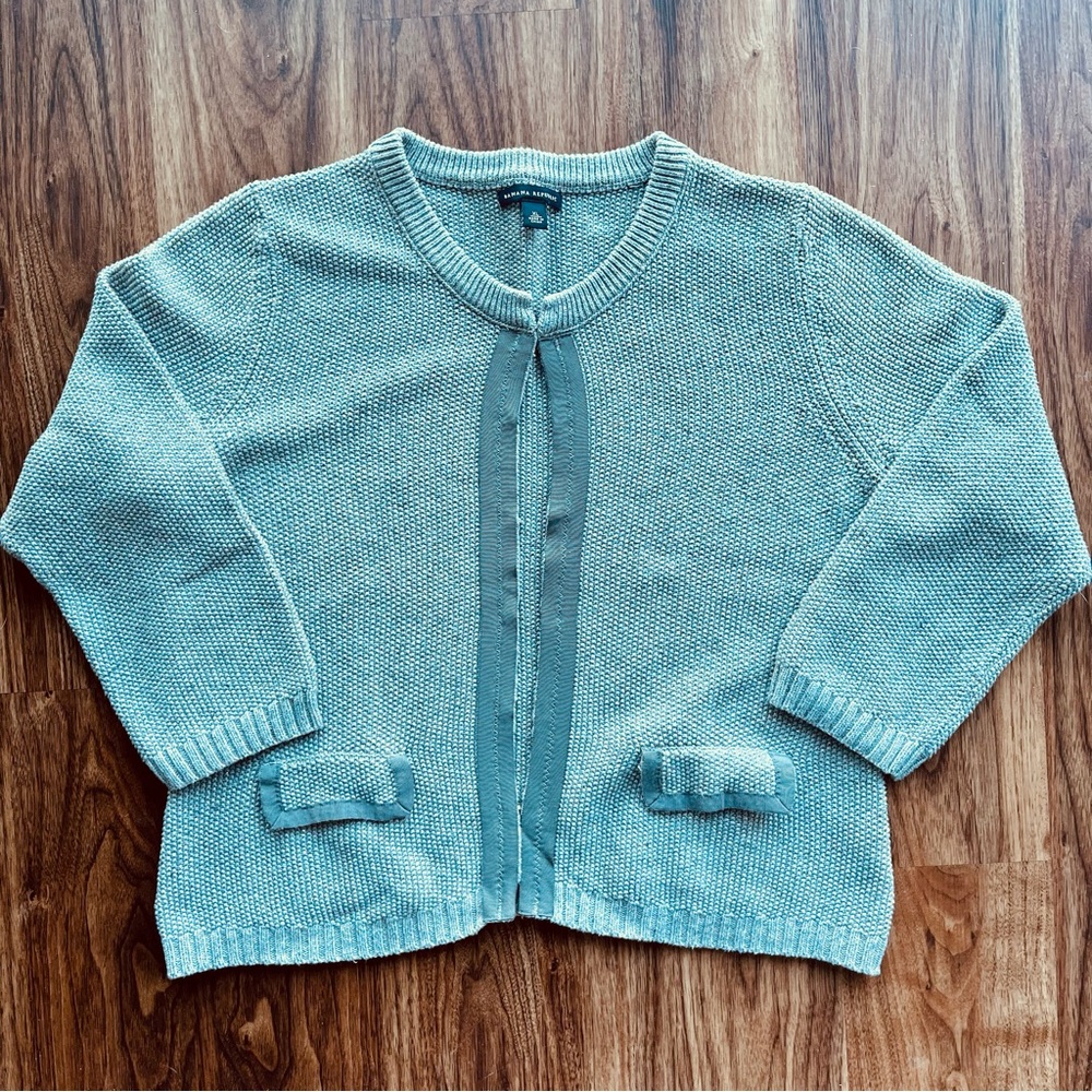 Banana Republic Cardigan Sweater Silver Gray Pockets Metallic 3/4 Sleeve Size XL